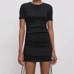 Zara Ruched Drawstring Ribbed Bodycon Mini Dress Size S Dark Gray